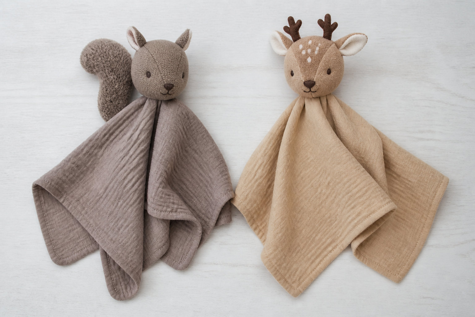 Doudou Plat avec oreilles tissu forest, écureuil, faon