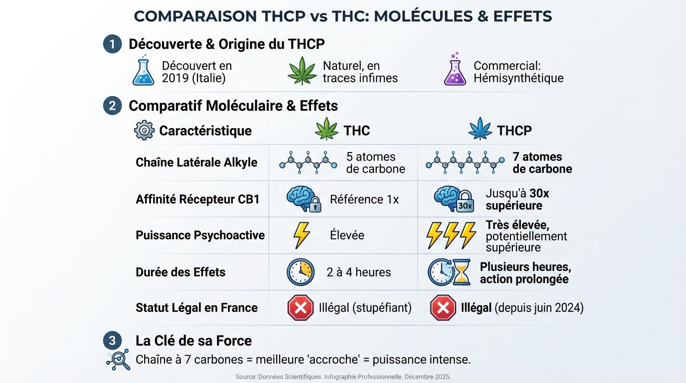 Comparaison structurelle moléculaire entre le THCP et le THC mettant en évidence la chaîne carbonée