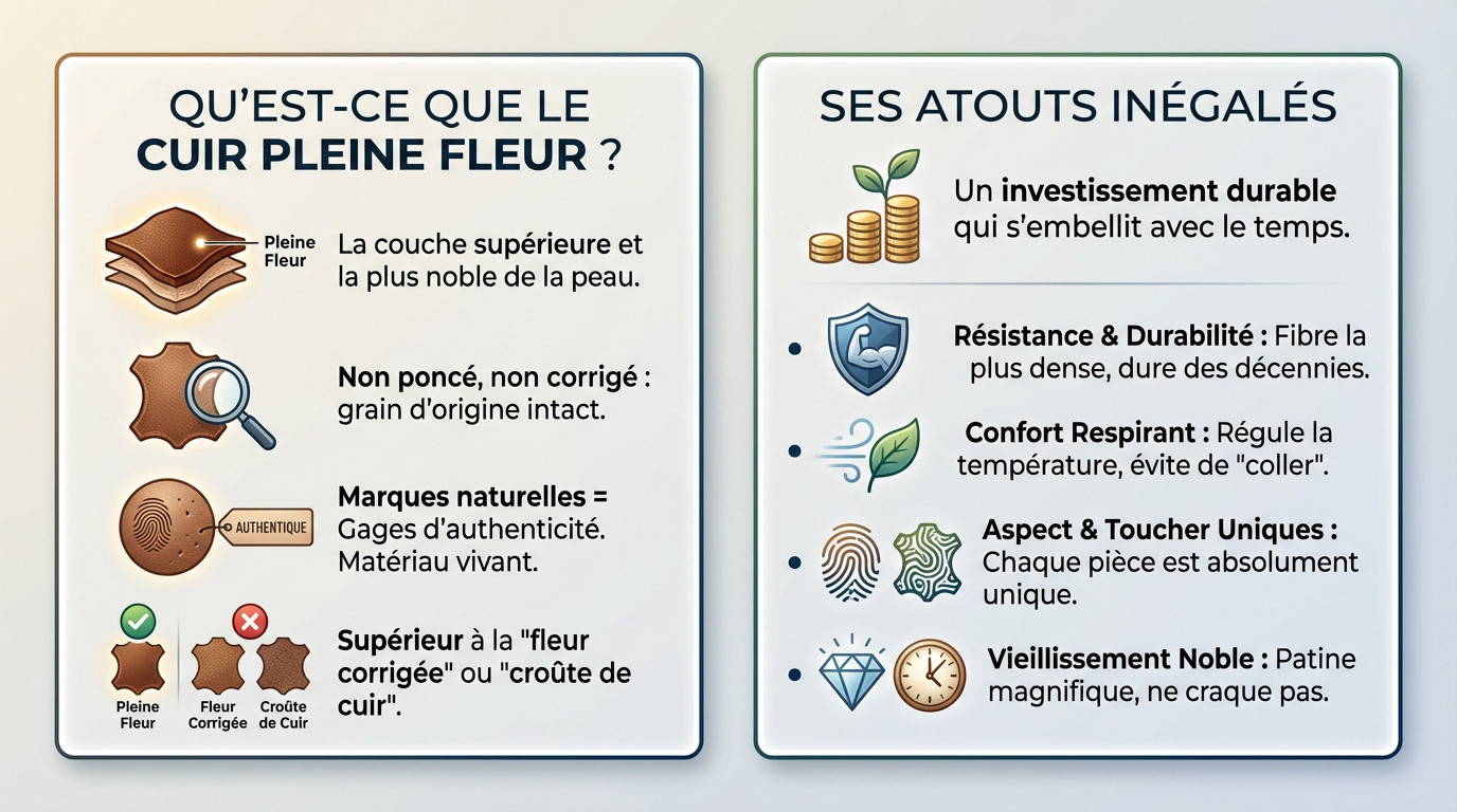 Canapé en cuir pleine fleur montrant le grain naturel et la texture authentique