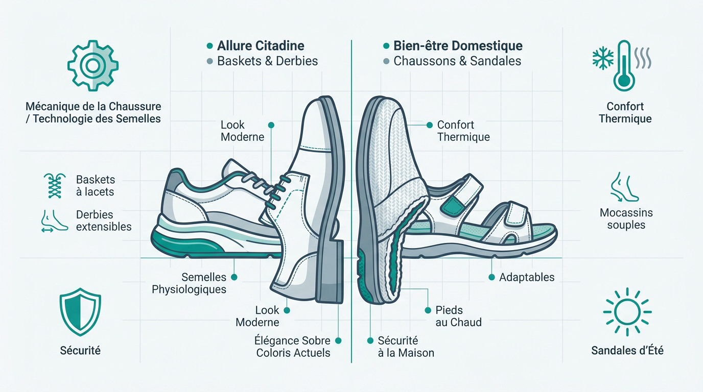 Sélection de chaussures orthopédiques pour femme incluant baskets citadines et chaussons de confort