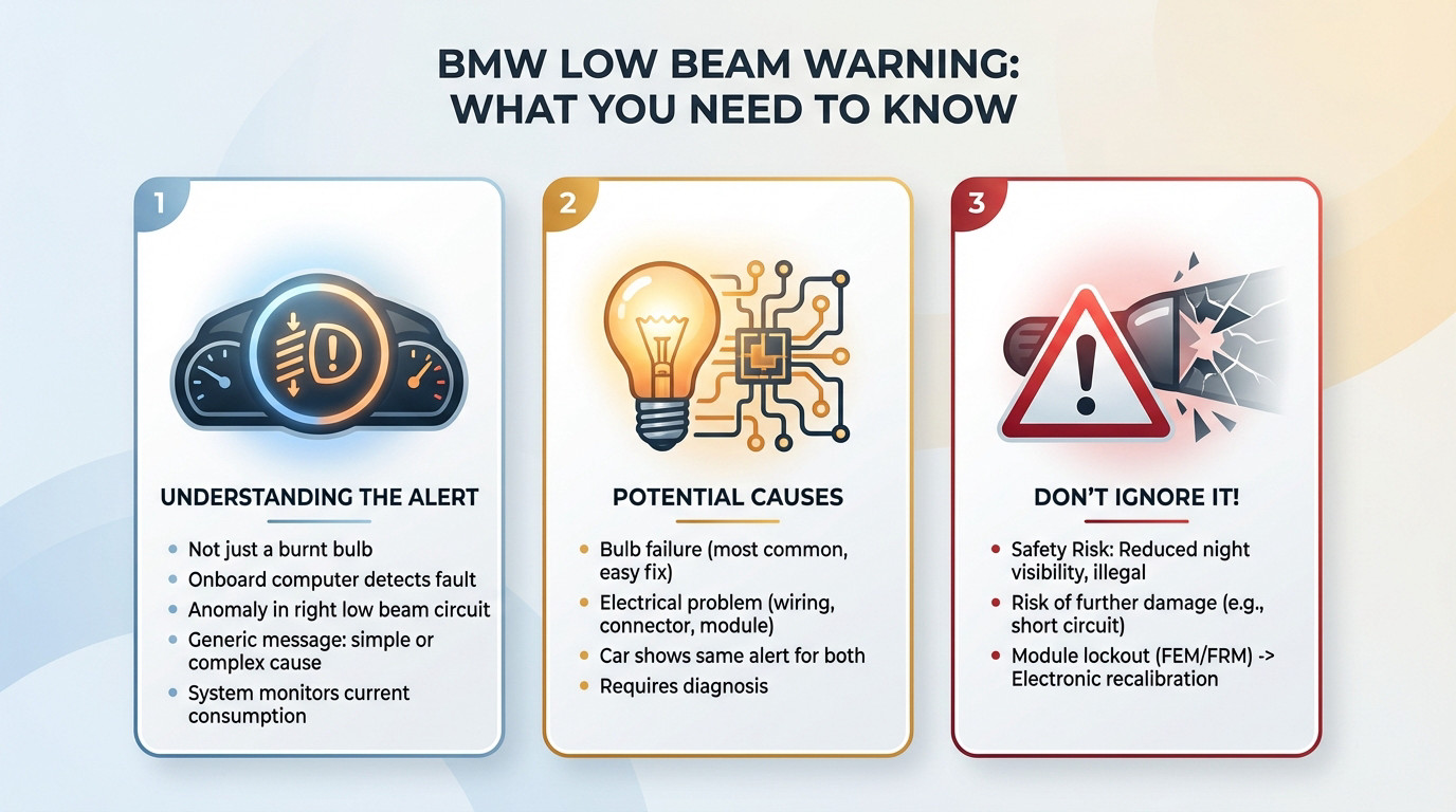 BMW dashboard displaying a right low beam malfunction warning light