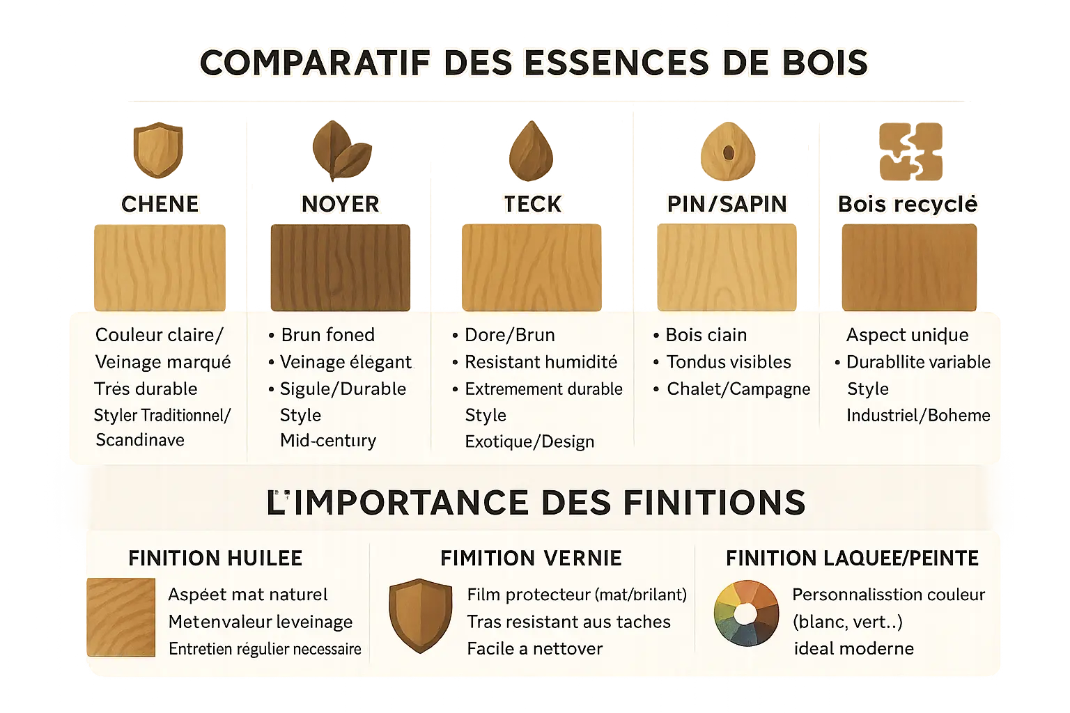 Comparatif visuel des essences de bois et des finitions pour meubles de salle à manger