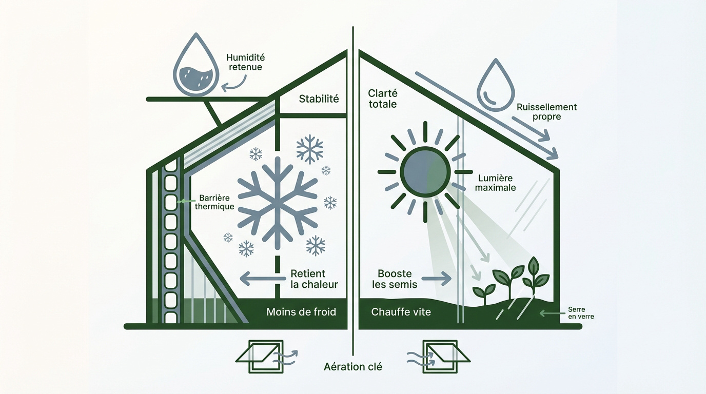 Comparaison entre une paroi de serre en polycarbonate alvéolaire et un vitrage en verre horticole