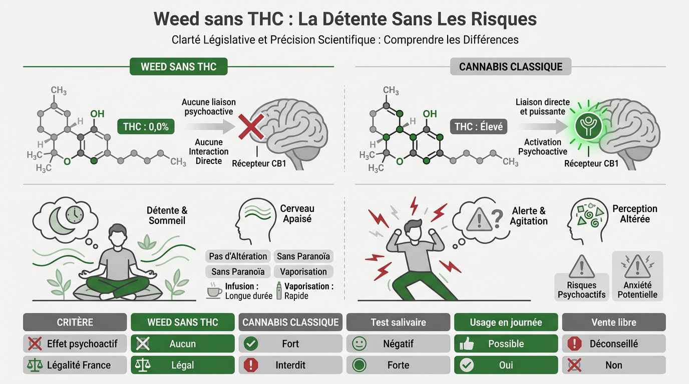 Tableau comparatif entre la weed sans THC et le cannabis classique soulignant les différences de légalité et d'effets