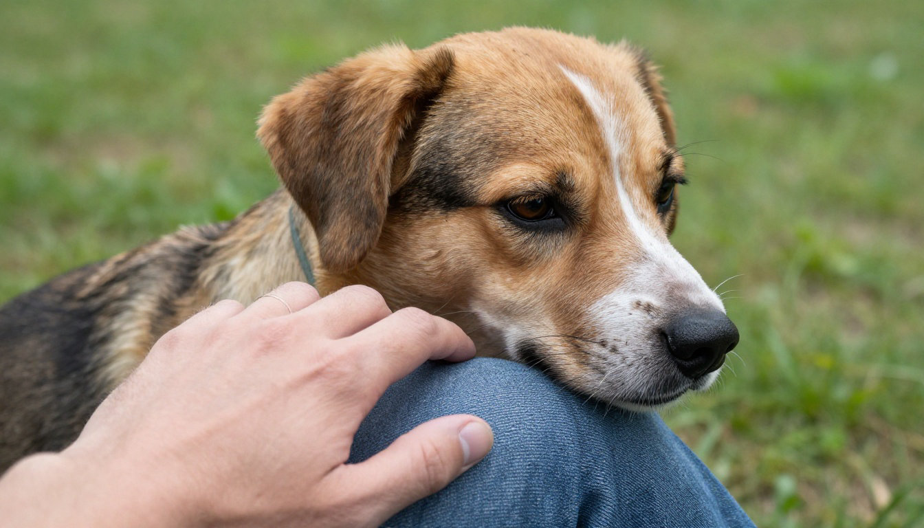 Chien posé sur les genoux de son maître, communication tactile avec un chien aveugle et sourd