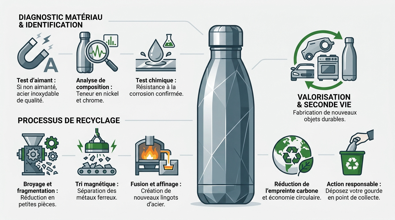 Schéma du processus de recyclage d'une gourde en acier inoxydable