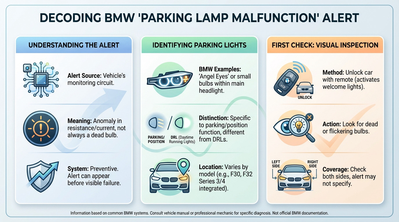 BMW dashboard cluster displaying a parking lamp malfunction warning light
