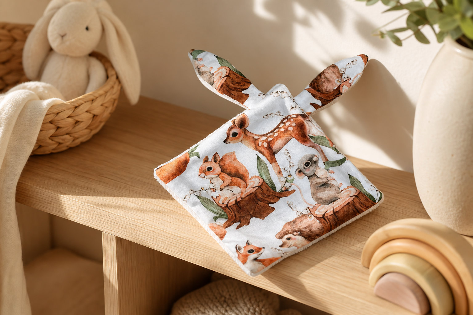 Doudou plat avec oreilles tissu forest, écureuil, faon : une touche boisée