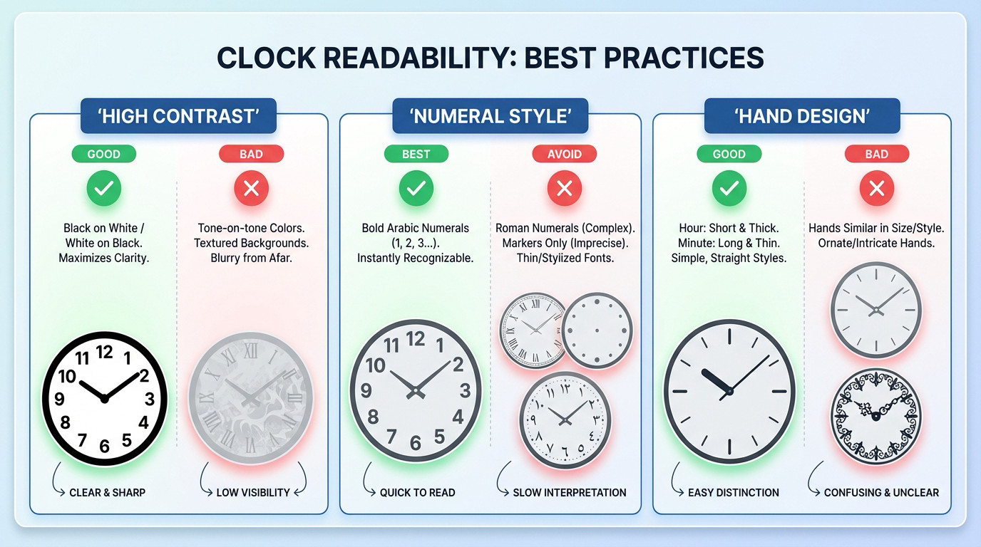 High contrast clock face design comparison for distance readability