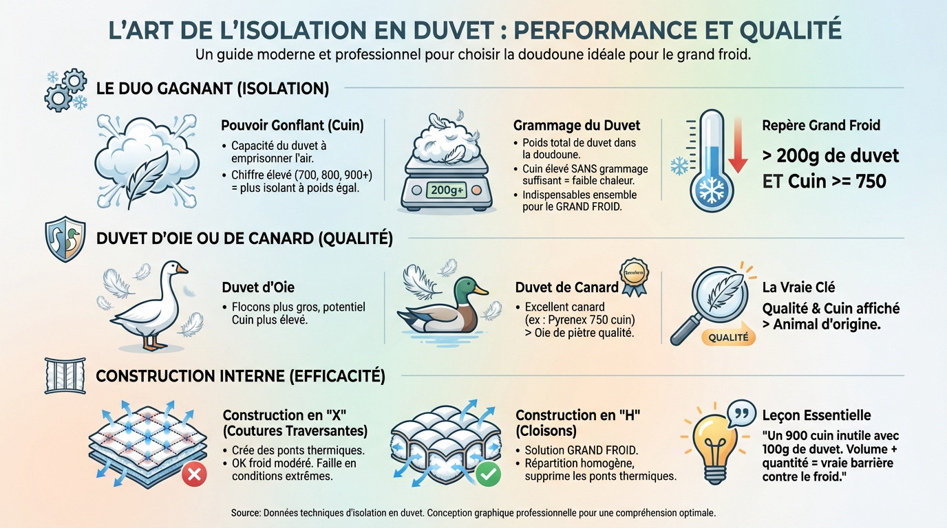 Schéma comparatif de l'isolation en duvet montrant la différence de volume selon le pouvoir gonflant