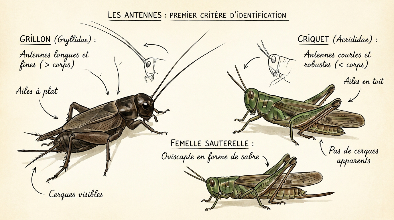 Comparaison visuelle entre un grillon noir et un criquet herbivore