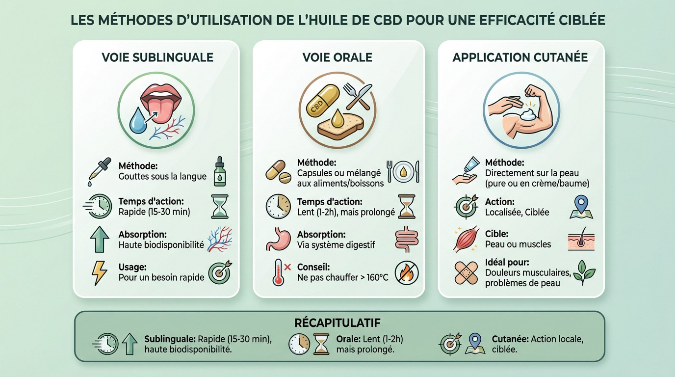 Modes d'administration de l'huile de CBD : sublinguale, orale et cutanée
