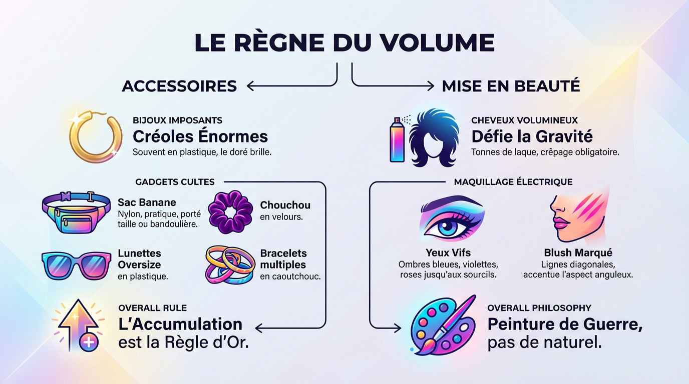 Femme arborant un look année 80 avec maquillage coloré et accessoires volumineux