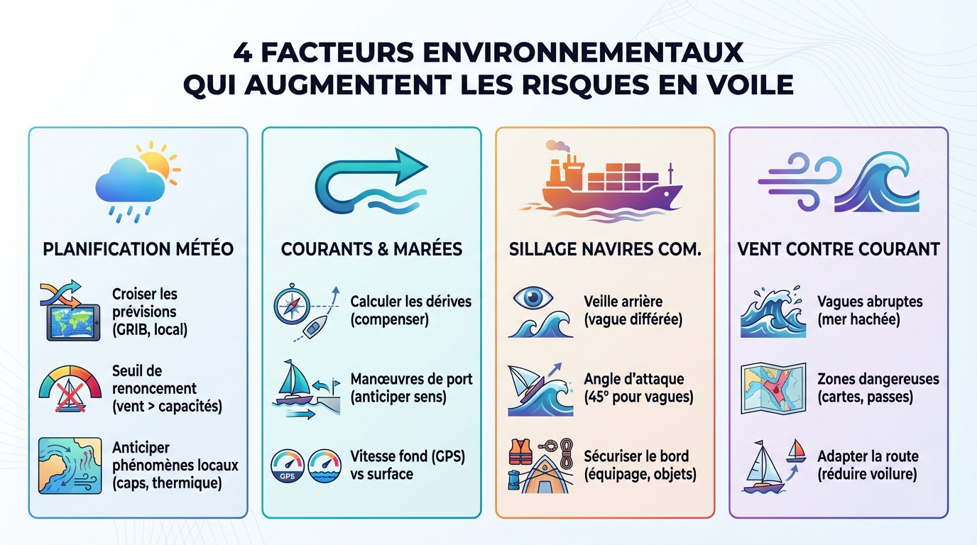 Voilier naviguant dans des conditions de mer difficiles illustrant les risques environnementaux