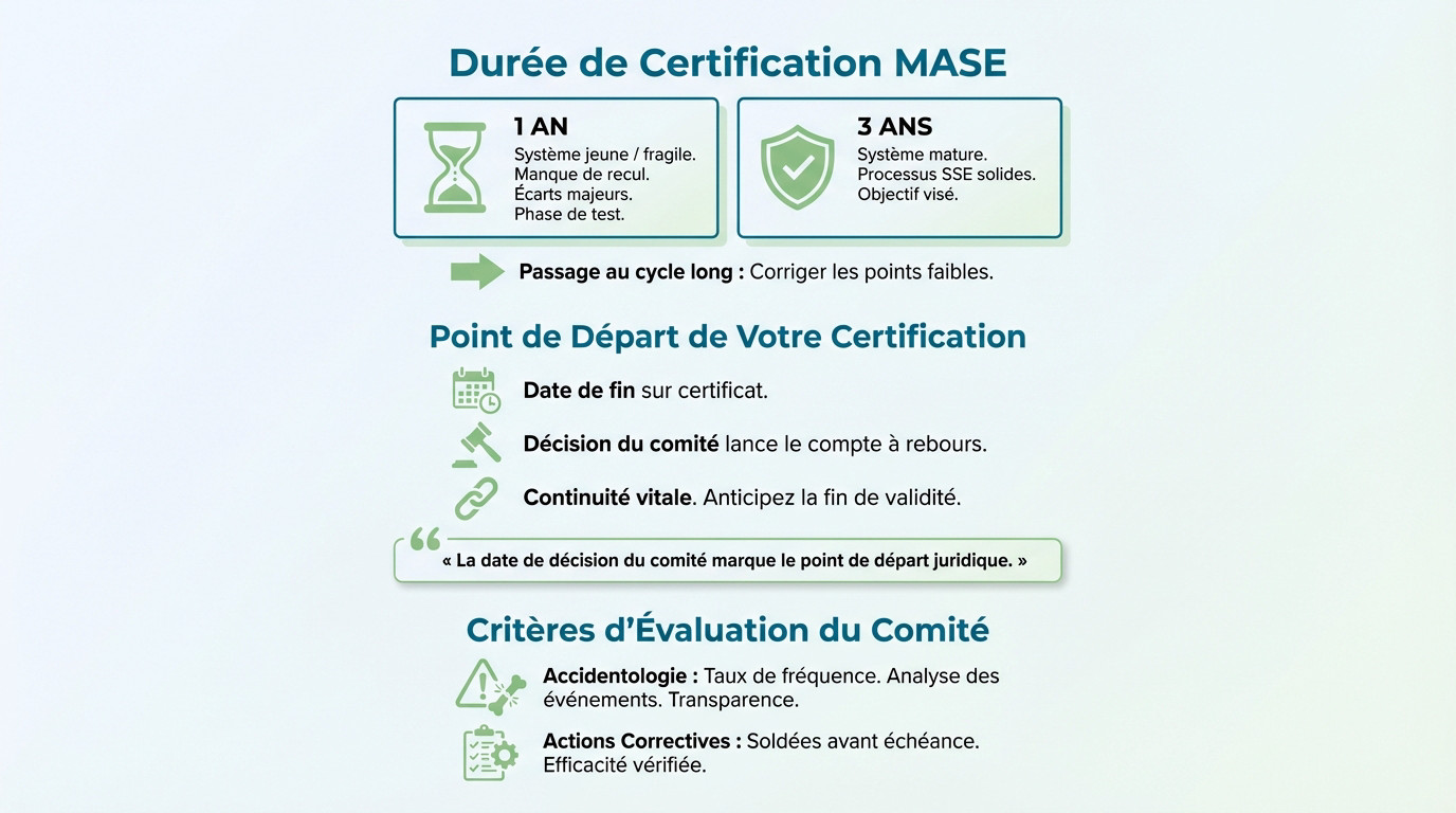Schéma explicatif des durées de validité et du point de départ de la certification MASE
