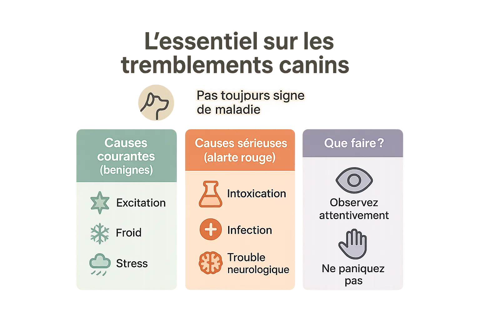 Illustration d'un chien qui tremble avec des pictogrammes de causes possibles (froid, stress, maladie)