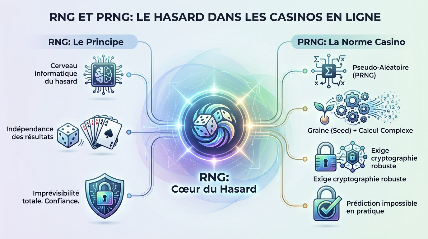 Schéma explicatif du fonctionnement d'un RNG et d'un PRNG assurant l'équité dans un casino en ligne