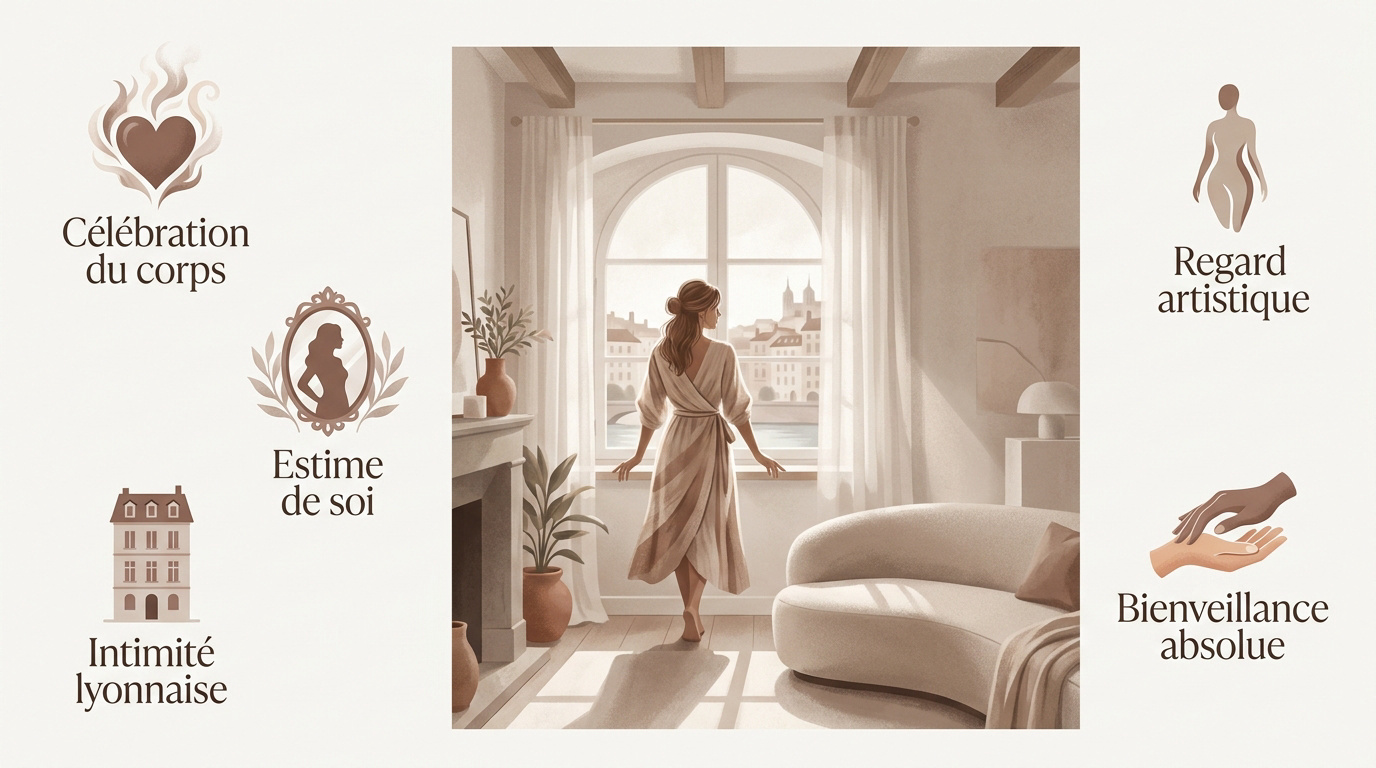 Femme sereine lors d'une séance boudoir à domicile à Lyon profitant de la lumière naturelle