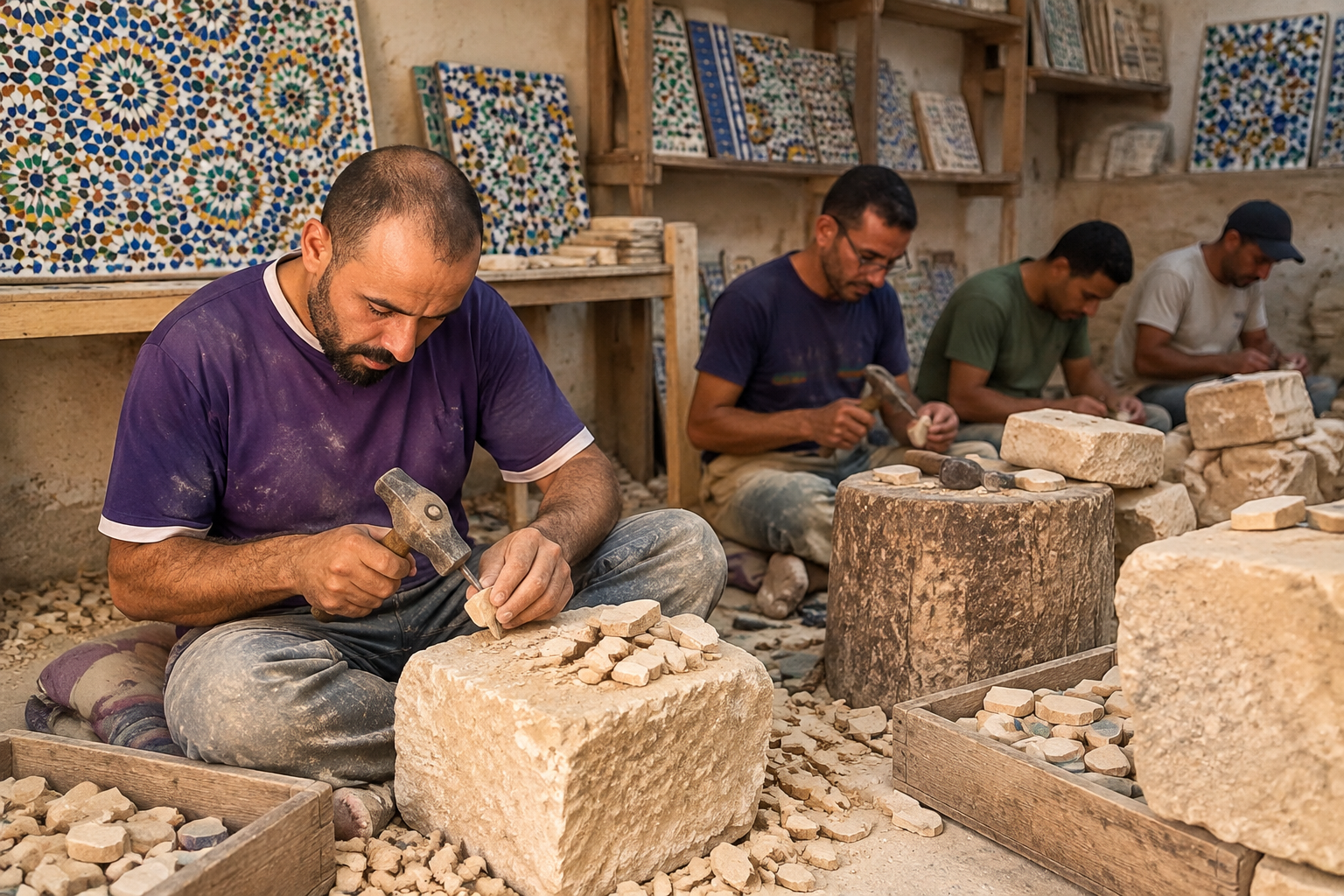 Artisan façonnant des carreaux de zellige dans un atelier à Fès.