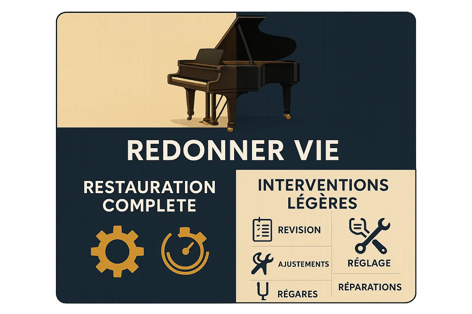 Comparaison entre la <strong>restauration complète d'un piano droit et les interventions légères</strong>