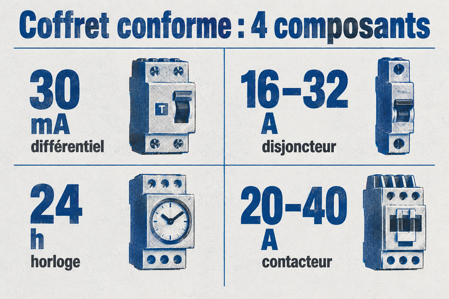 Infographie : Les quatre composants obligatoires d'un coffret de piscine : différentiel 30 mA, disjoncteur magnétothermique, horloge 24 h, contacteur de puissance.