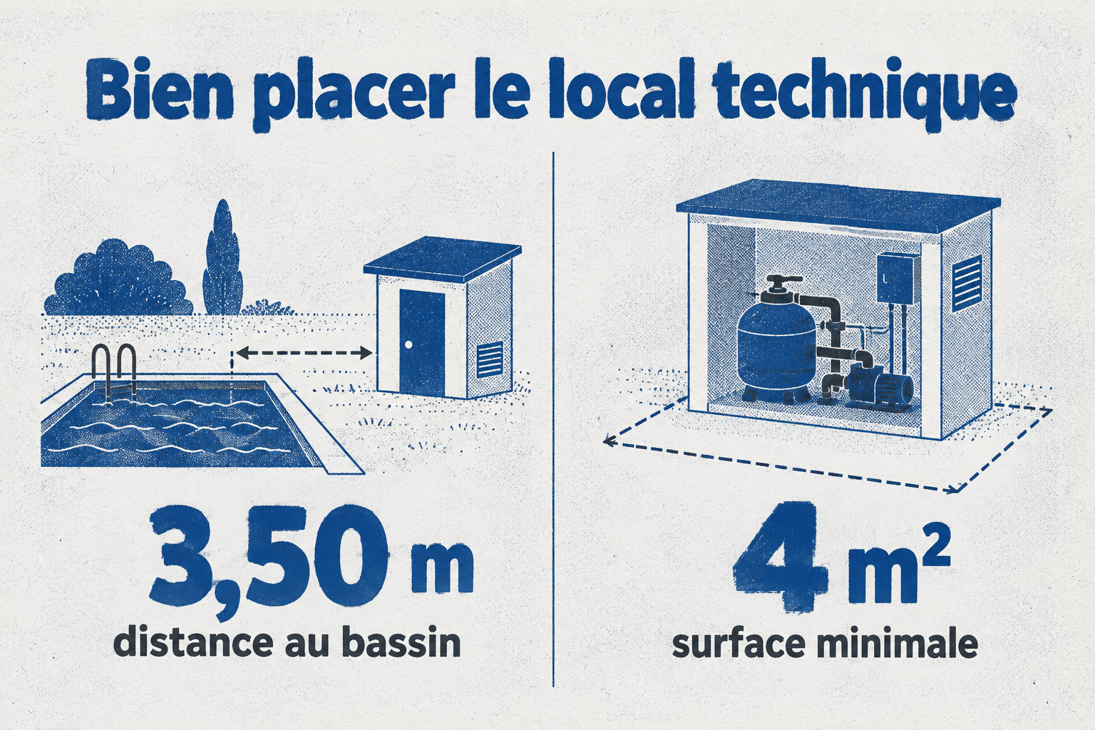 Infographie : Le local technique s'installe à plus de 3,50 m du bassin et au minimum 4 m² pour une filtration standard.