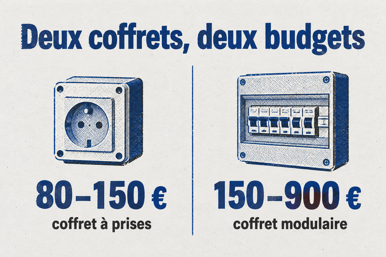 Infographie : Coffret à prises intégrées de 80 à 150 euros pour une piscine hors-sol, coffret modulaire de 150 à 900 euros pour une piscine enterrée.