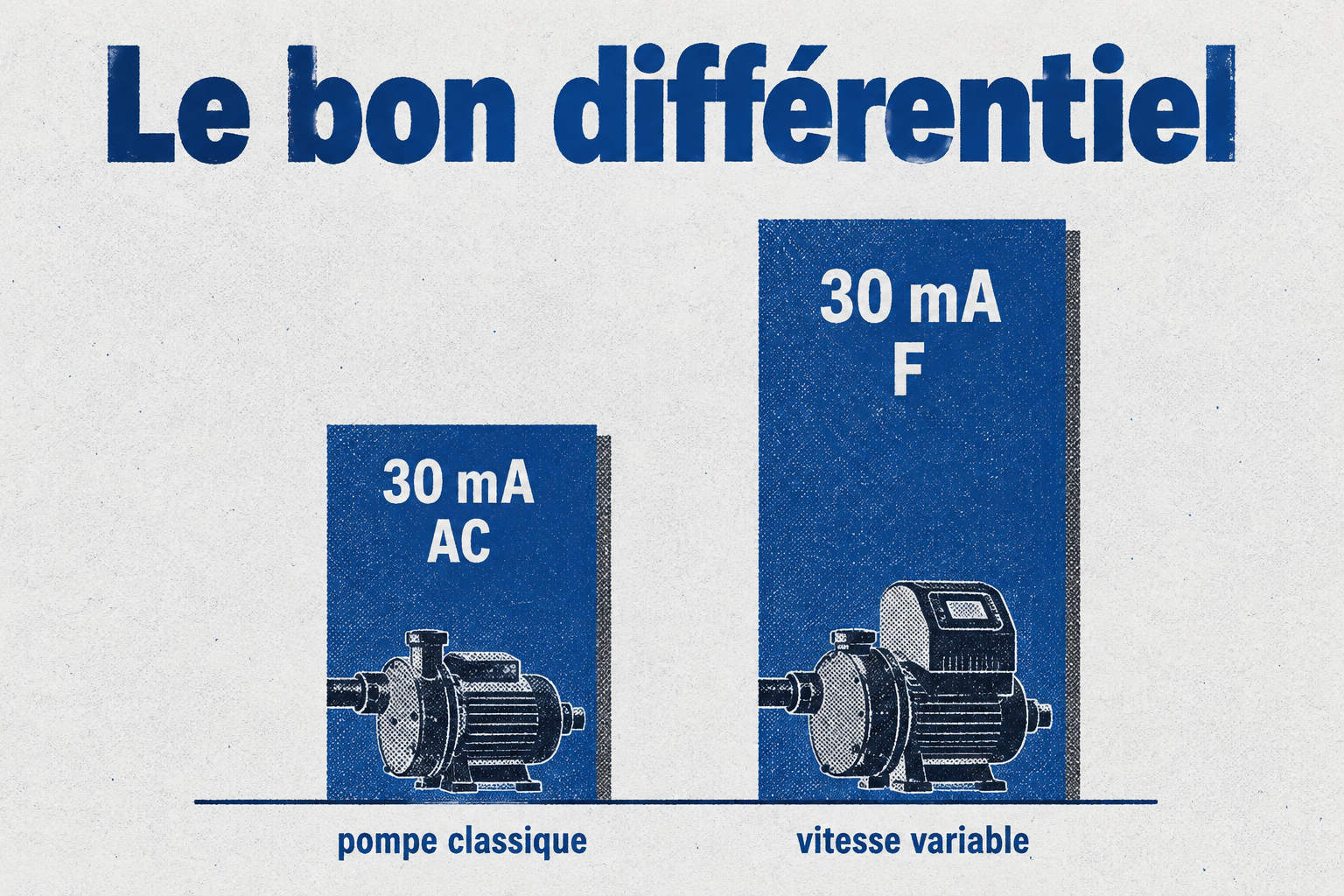 Infographie : Pour une pompe à vitesse variable, le différentiel doit être de type A (alternatif + continu) ou F, jamais AC.