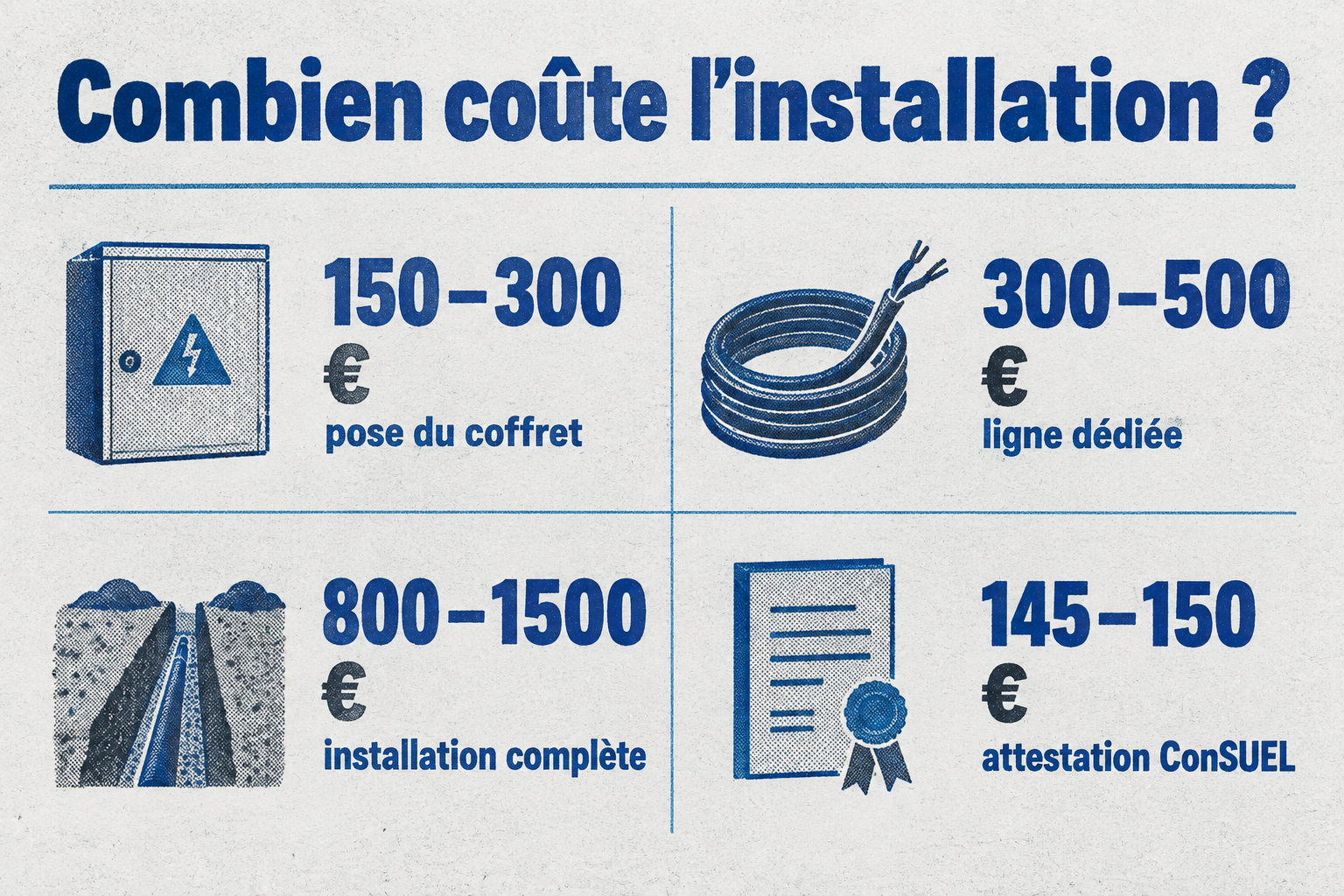 Infographie : Coût d'installation électrique de piscine : pose du coffret 150 à 300 €, ligne dédiée 300 à 500 €, installation complète 800 à 1 500 €, attestation ConSUEL 145 à 150 €.
