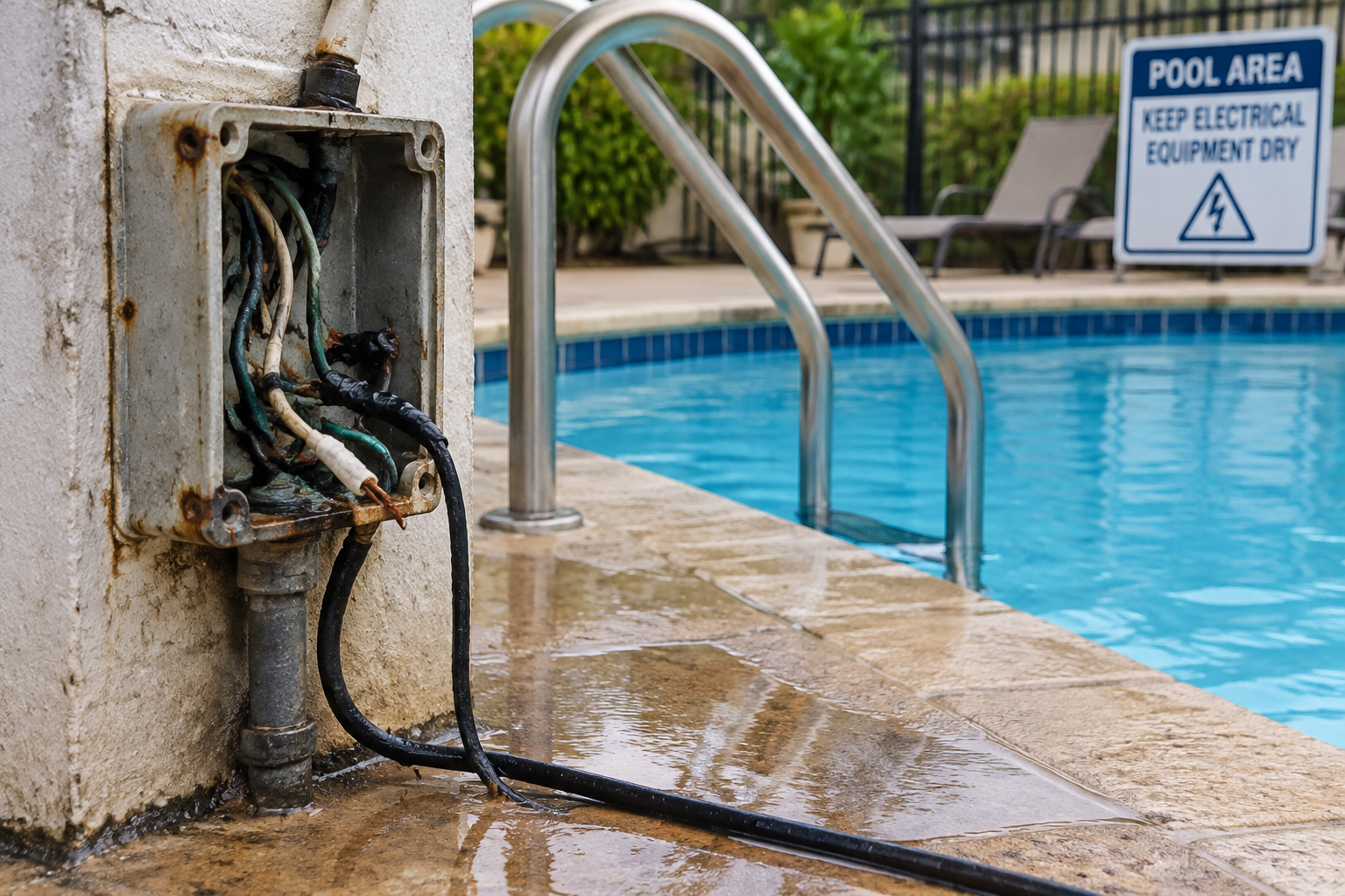Câblage électrique défectueux dans un local technique de piscine.