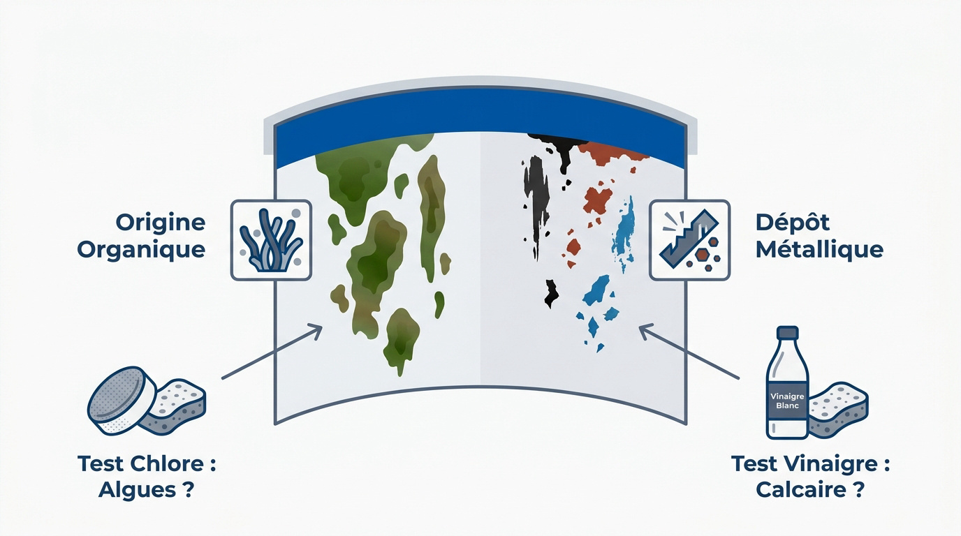 Diagnostic visuel des taches sur un liner de piscine selon leur couleur et leur forme