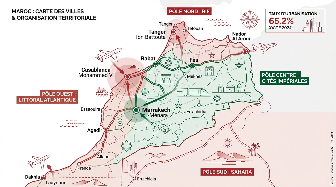 Carte des principales villes et régions administratives du Maroc
