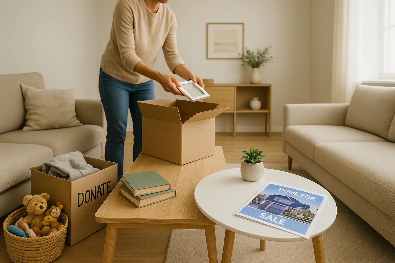 Salle de séjour désencombrée pour la mise en vente d'un bien immobilier