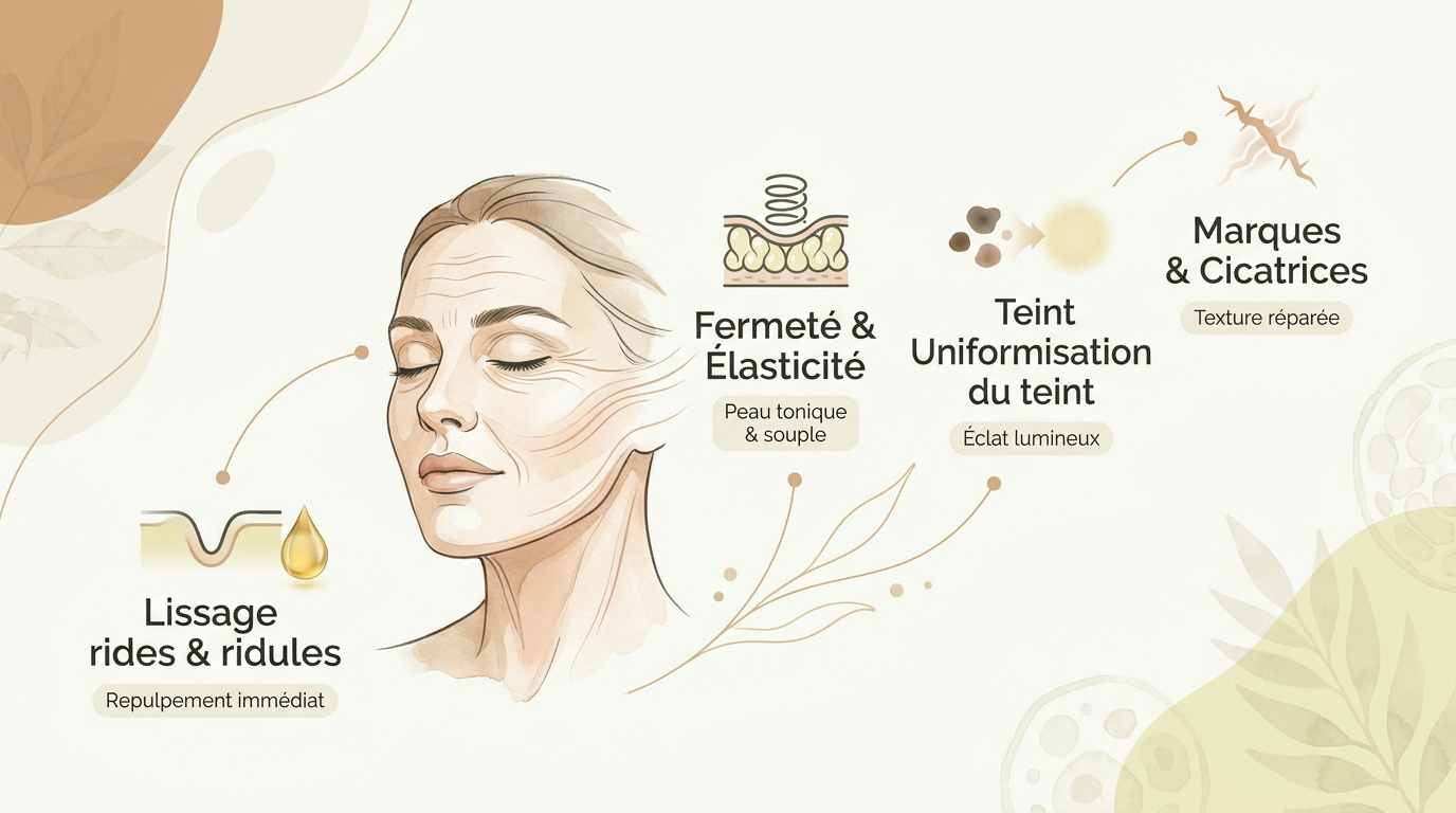 Infographie montrant la transformation cutanée et les bienfaits de l'huile de rose musquée