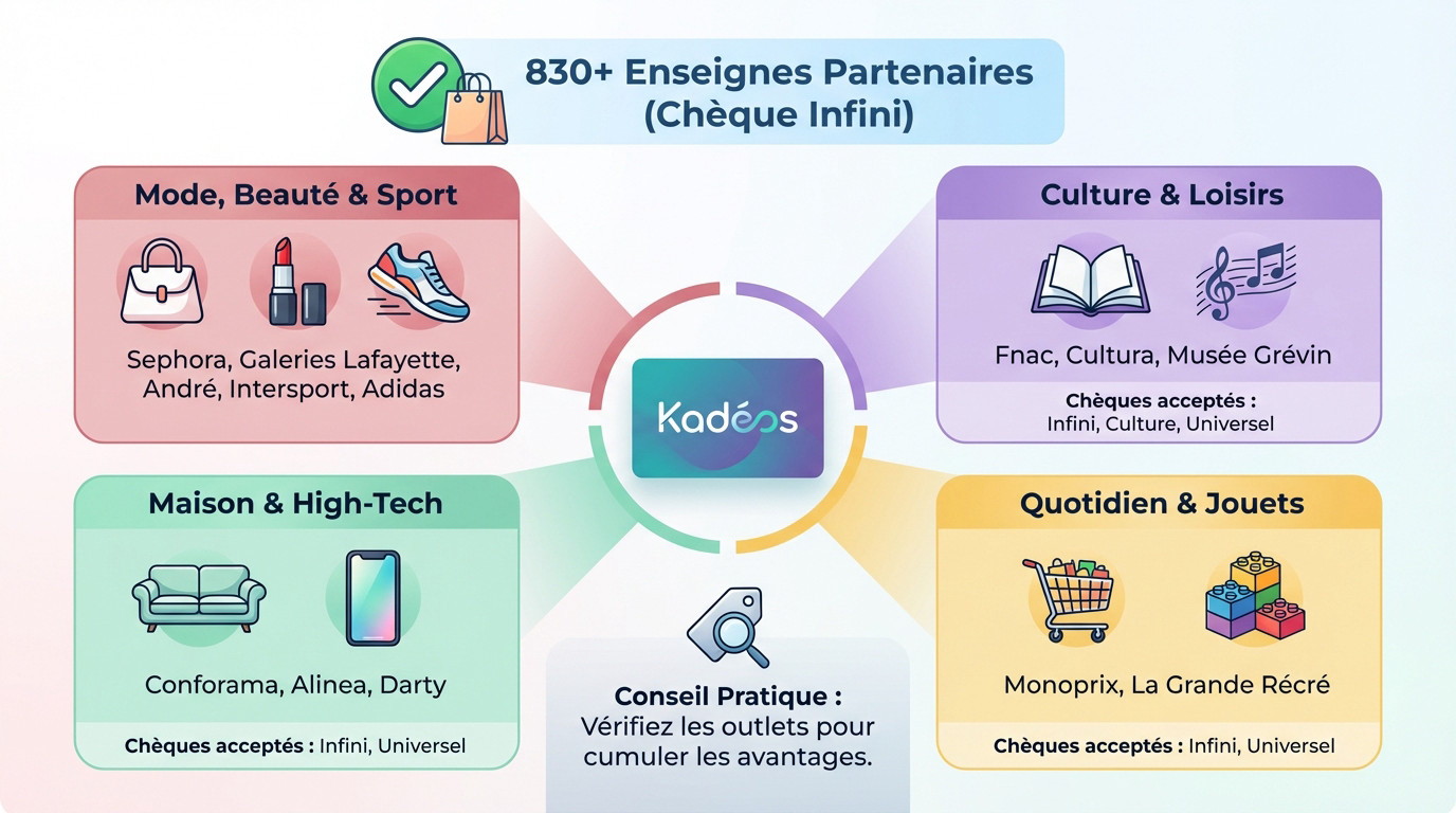 Guide complet des enseignes acceptant les chèques Kadéos pour vos achats mode, maison et culture
