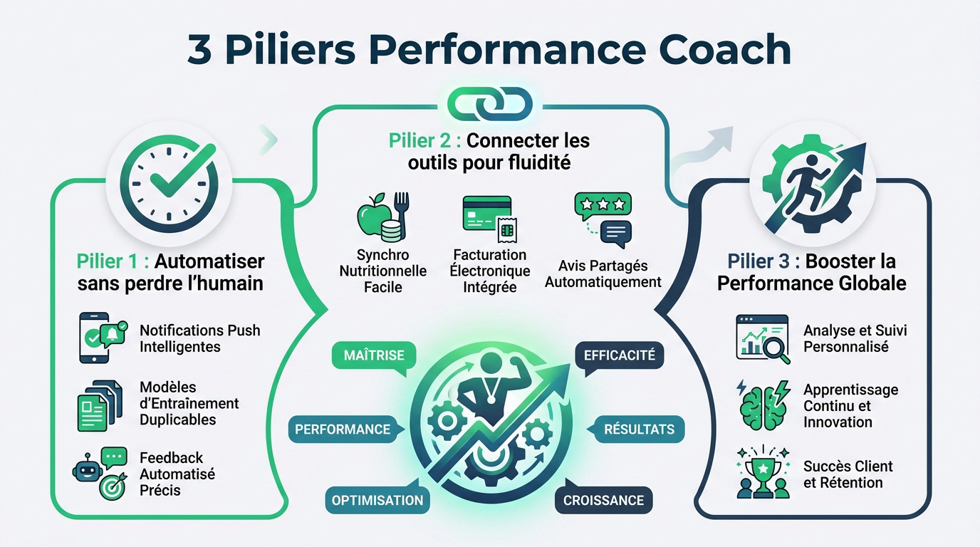 Infographie montrant les leviers d'automatisation et de connexion pour la performance des coachs sportifs