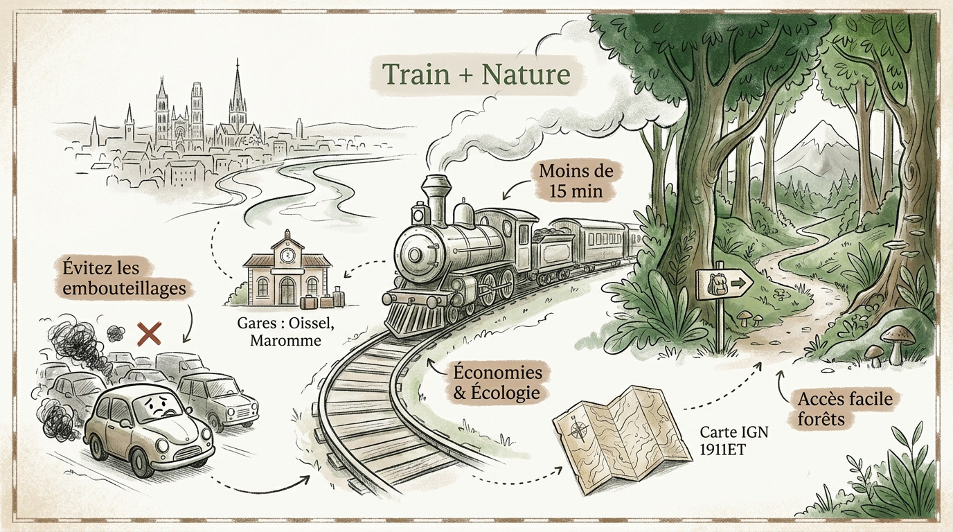 Randonneur descendant d'un train TER en Normandie pour rejoindre un sentier forestier