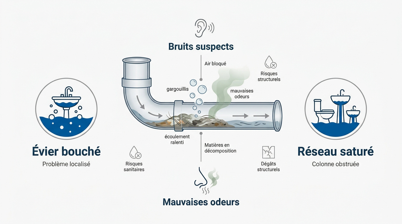 Plombier inspectant une canalisation bouchée