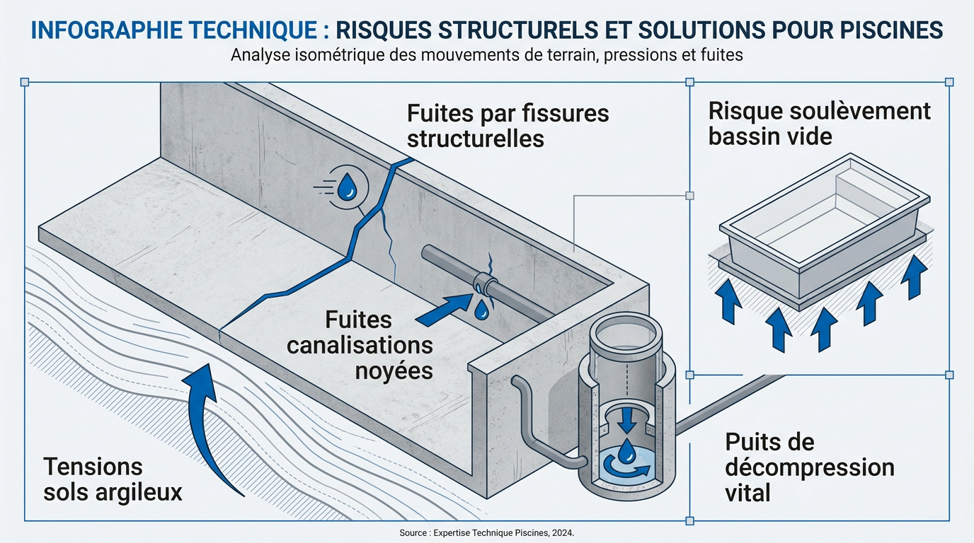 Infographie détaillant les risques structurels et les solutions de réparation pour piscines en béton
