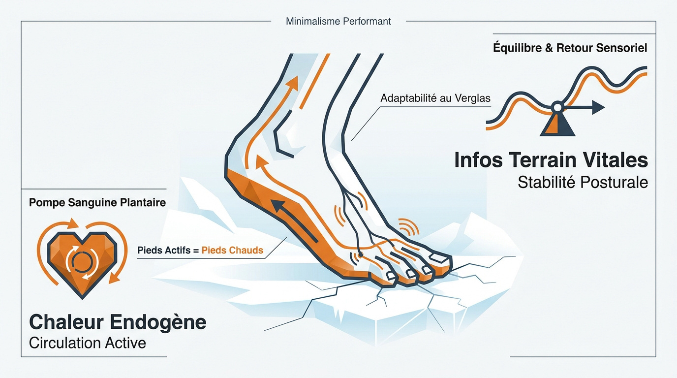 Pieds actifs en chaussures barefoot pour une meilleure circulation sanguine et un équilibre renforcé en hiver.