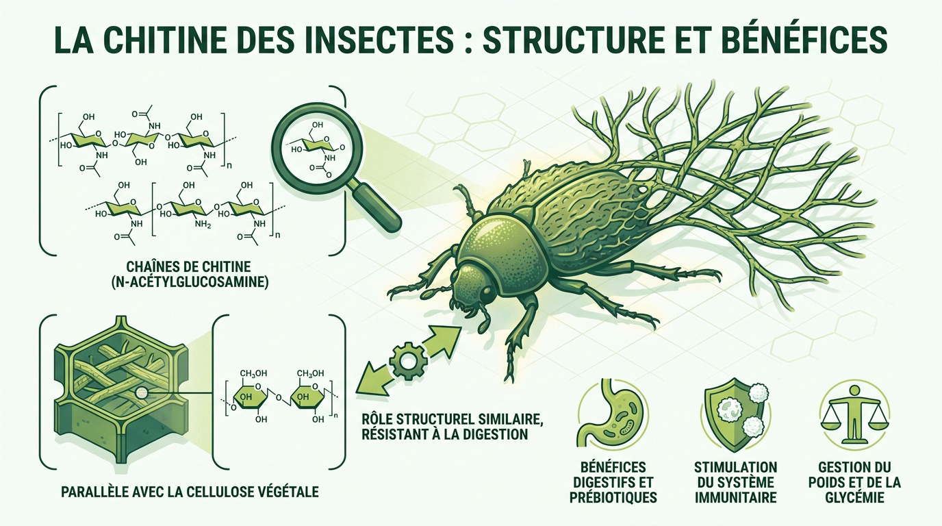 Structure moléculaire de la chitine et exosquelette d'insecte