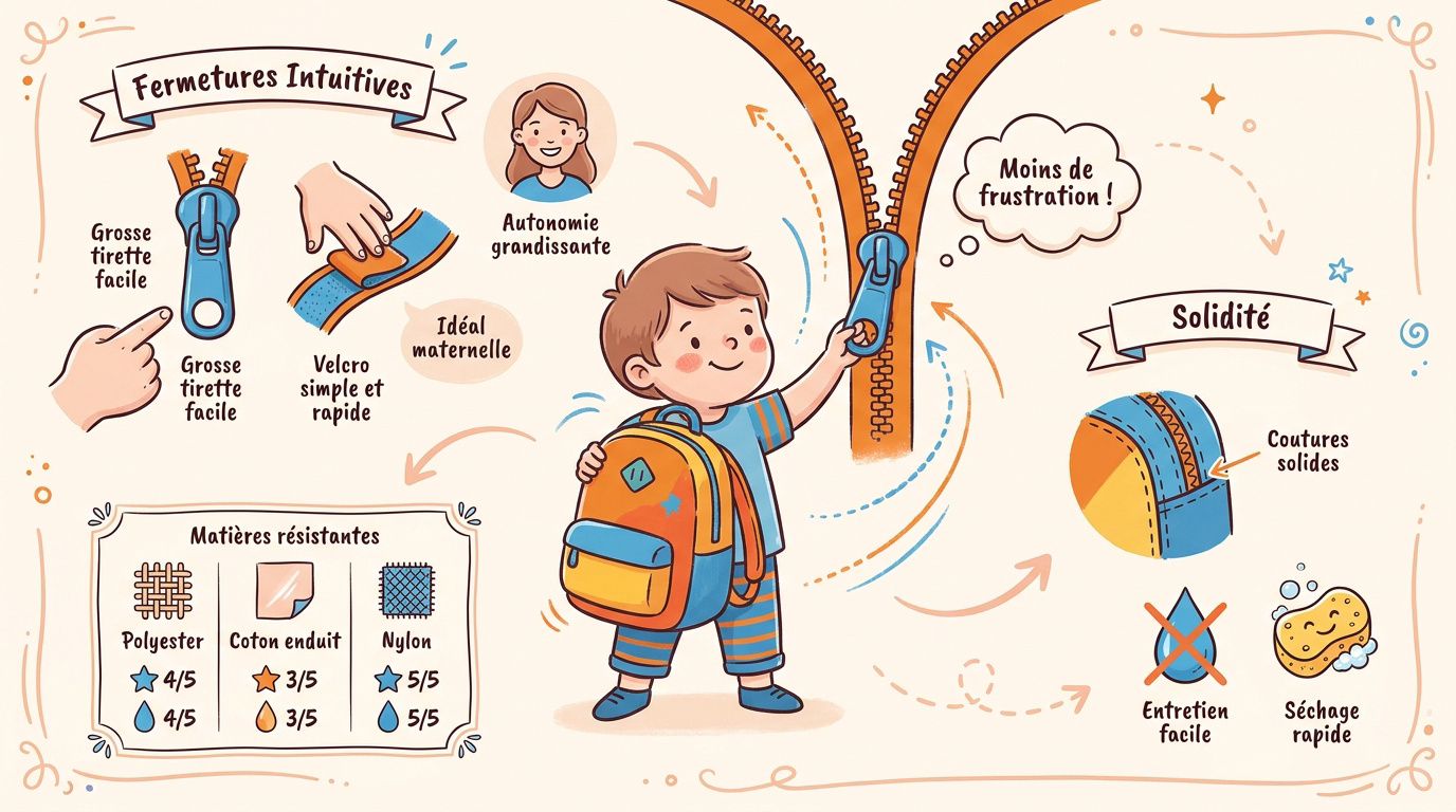 Enfant de maternelle ouvrant son petit sac à dos avec autonomie