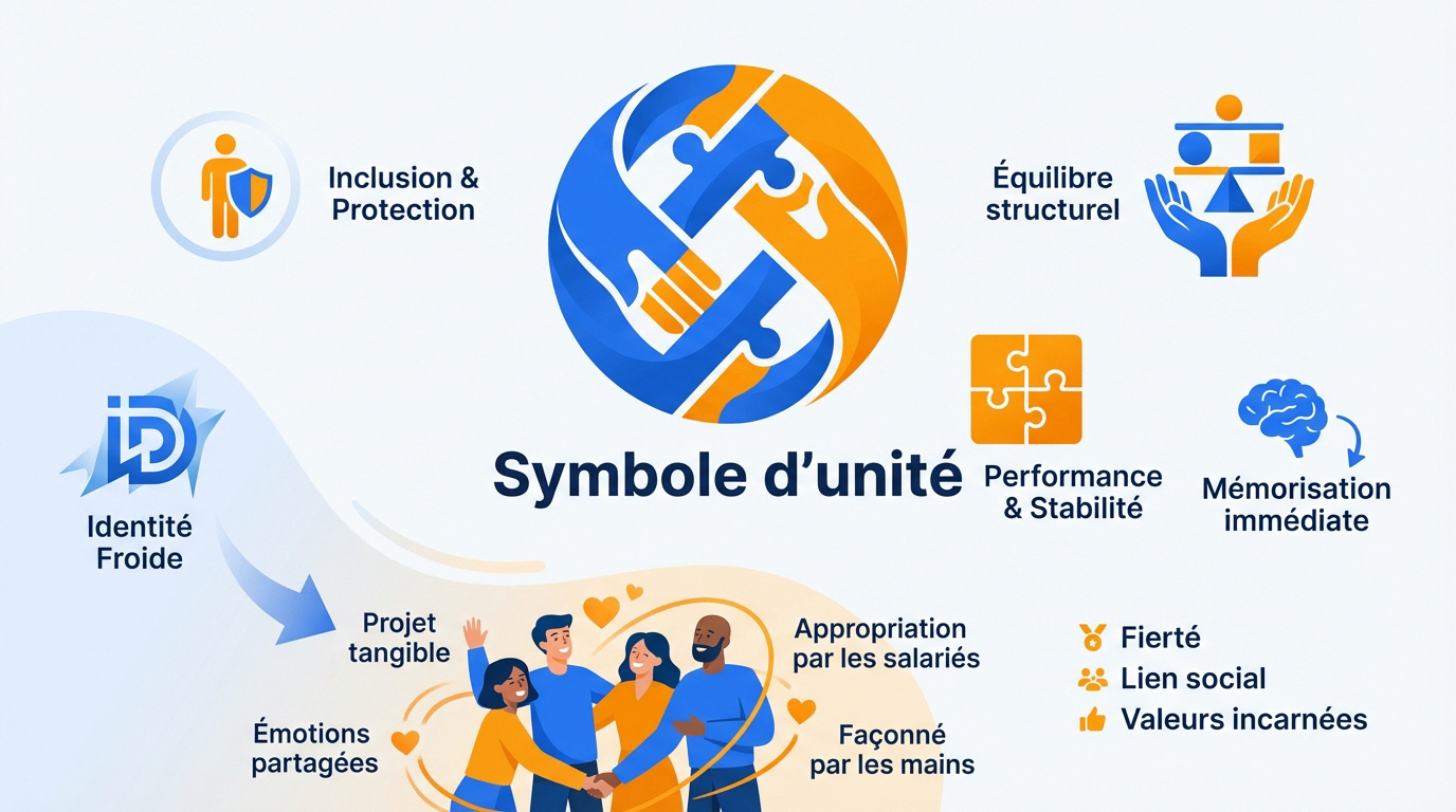 Représentation visuelle de la cohésion d'équipe à travers un logo géant collaboratif