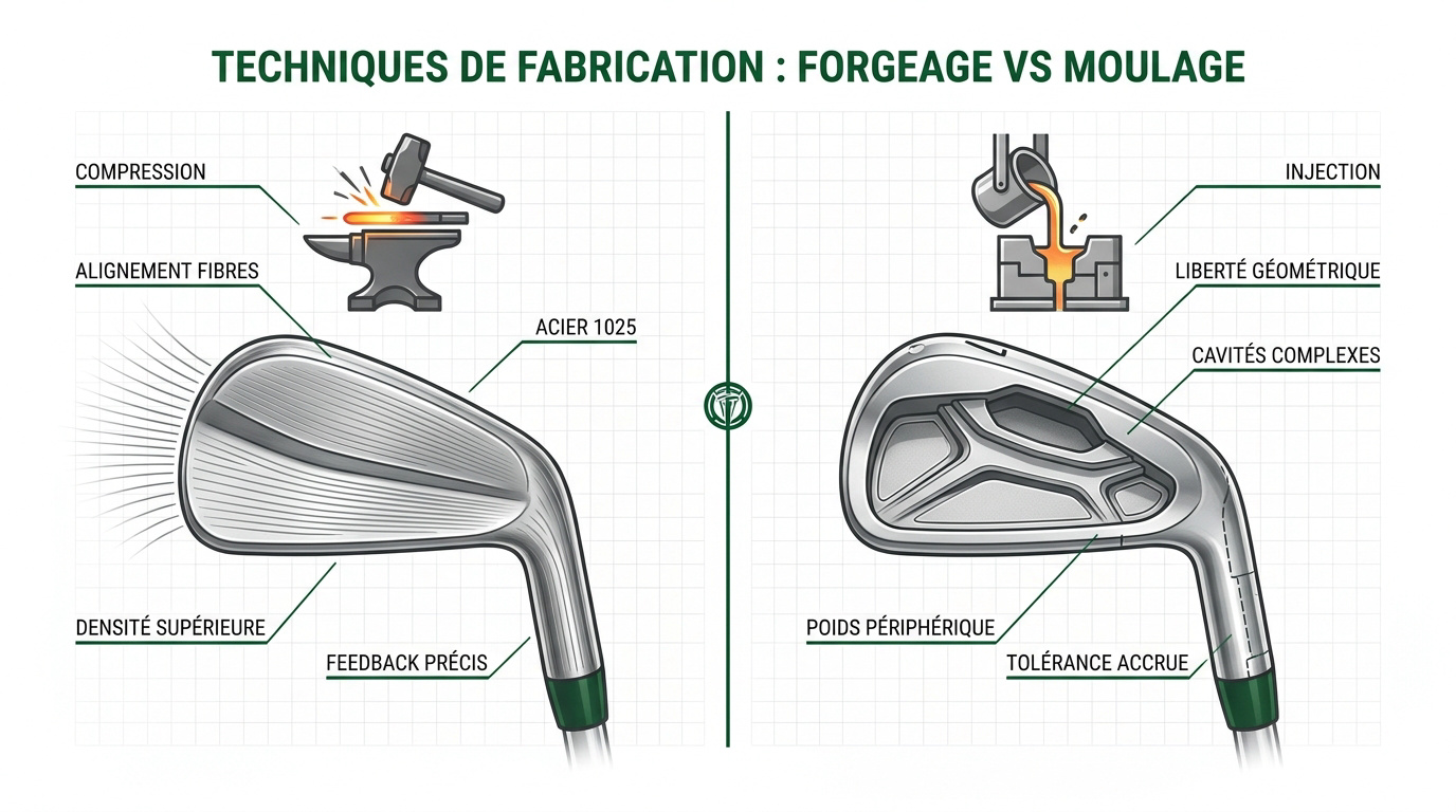Comparaison structurelle entre une tête de fer forgée et une tête moulée montrant les fibres métalliques et les cavités