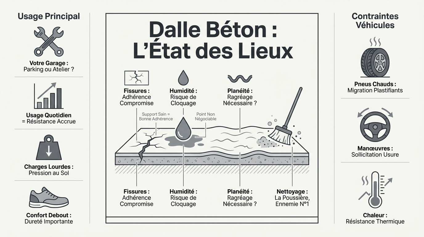 Quel revêtement de sol choisir pour transformer votre garage ? 1 Analyse de l'état d'une dalle en béton de garage avant rénovation