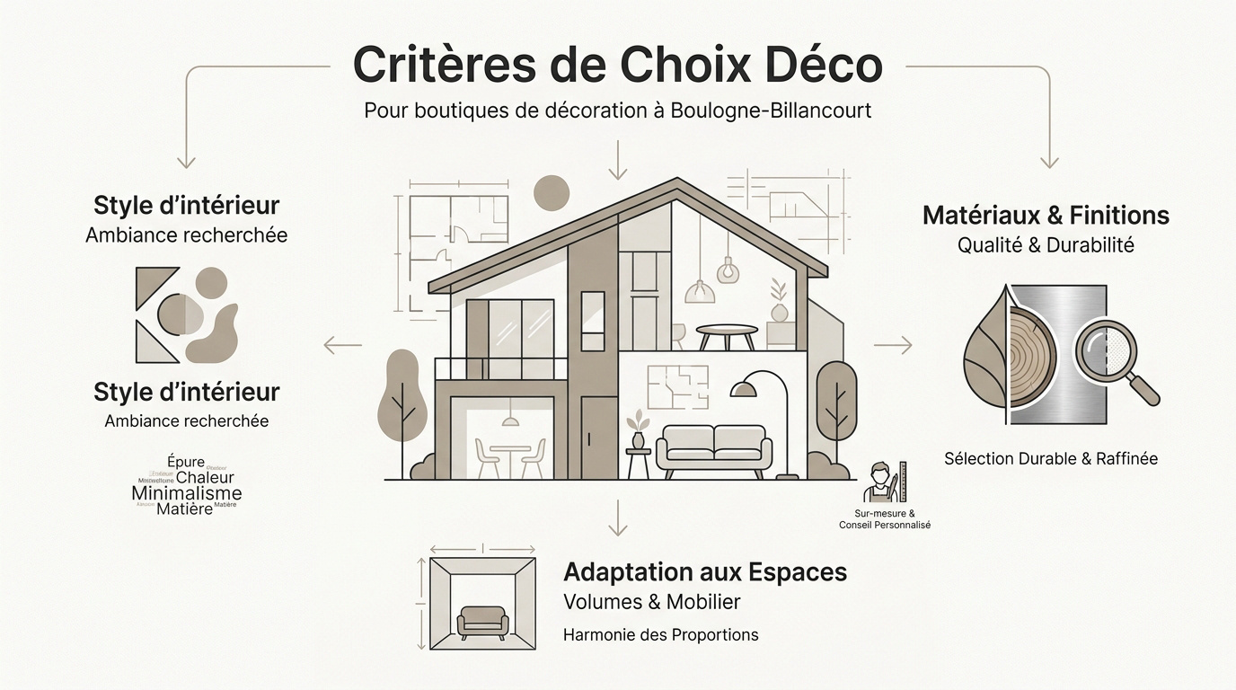 Infographie des critères de sélection pour une décoration réussie à Boulogne-Billancourt
