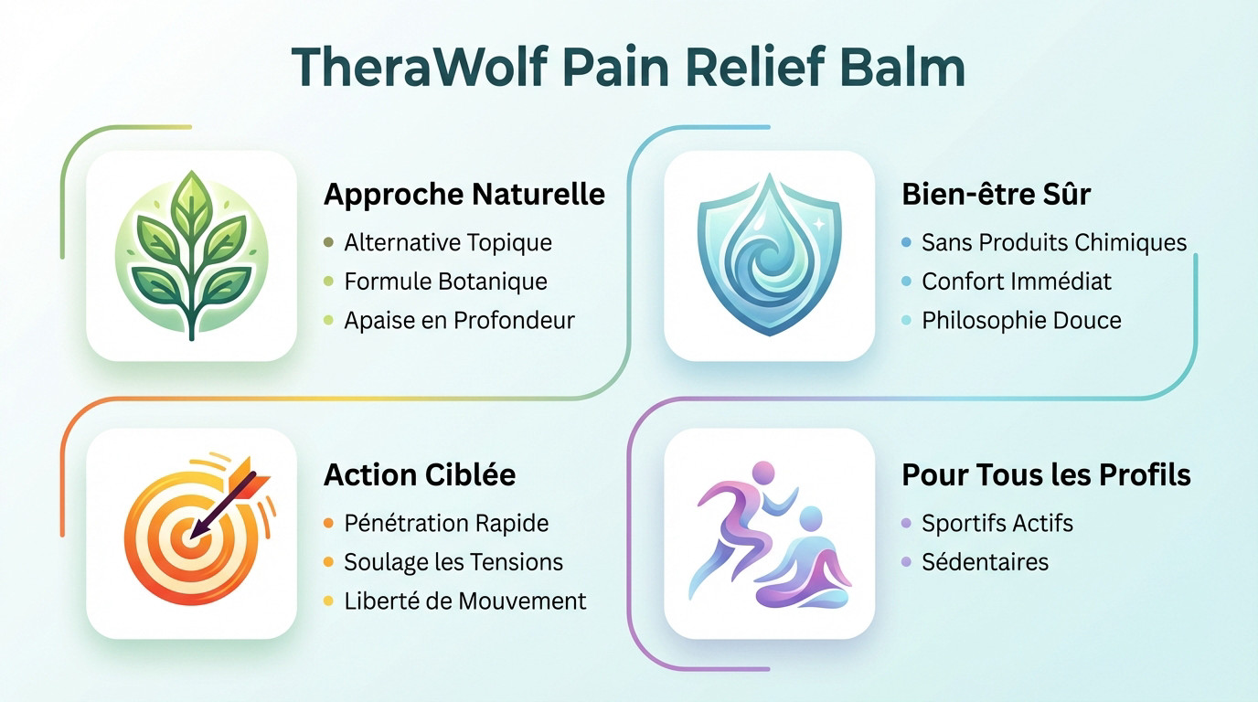 Infographie détaillant les bienfaits des ingrédients naturels du baume TheraWolf