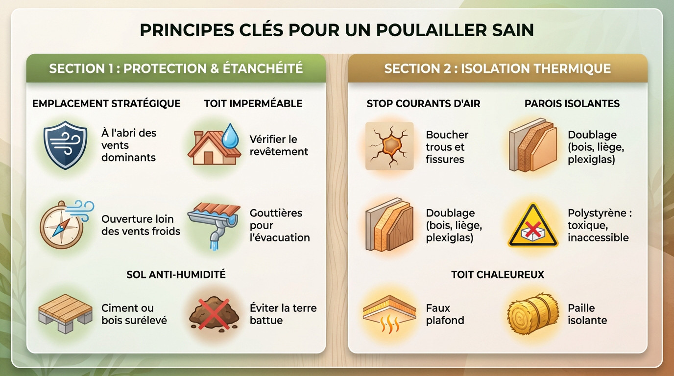 Schéma illustrant l'isolation et la ventilation d'un poulailler pour l'hiver