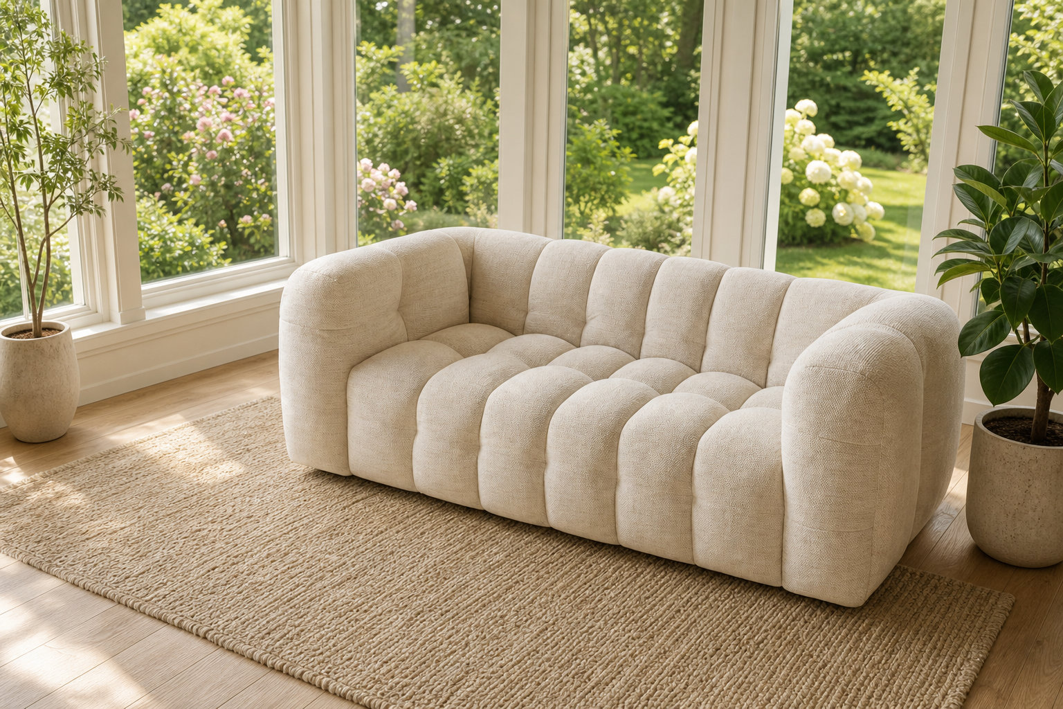 Canapé nuage 2 places LILO en tissu beige sable : la clarté compacte