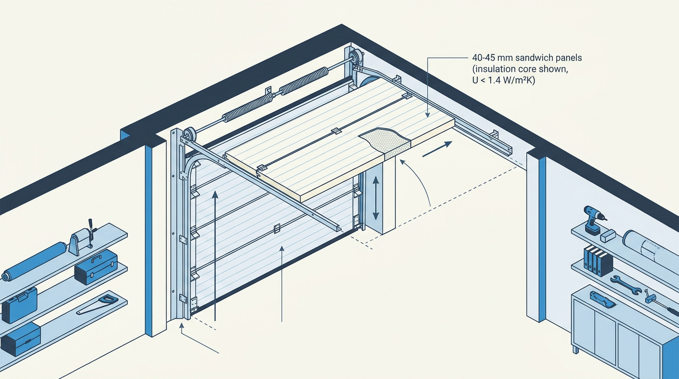 Coupe technique d'une porte de garage sectionnelle isolée avec mousse polyuréthane
